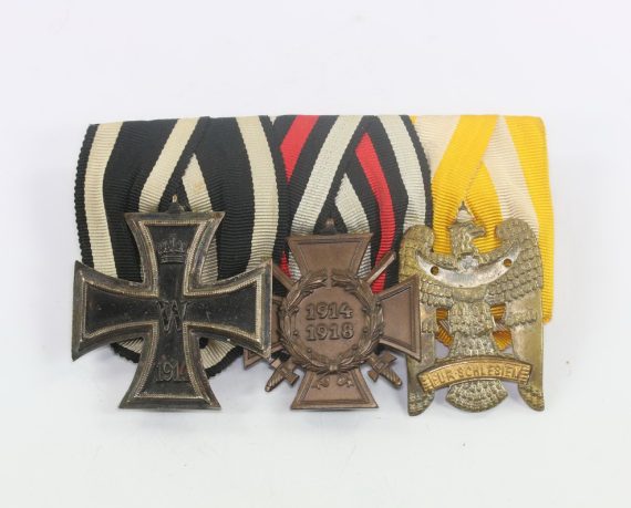 Ordenschnalle 3 X, EK-2 1914, Ehrenkreuz für Frontkämpfer, Schlesischer Adler, Gebr. Godet & Co (1)