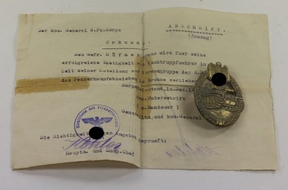 Panzerkampfabzeichen in Bronze, Alois Rettenmaier, Schwäbisch Gmünd + Urkunde (1)