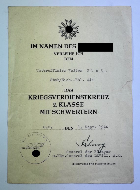 Urkunde Kriegsverdienstkreuz 2. Klasse mit Schwertern, Luftwaffe, General der Flieger Hellmuth Felmy