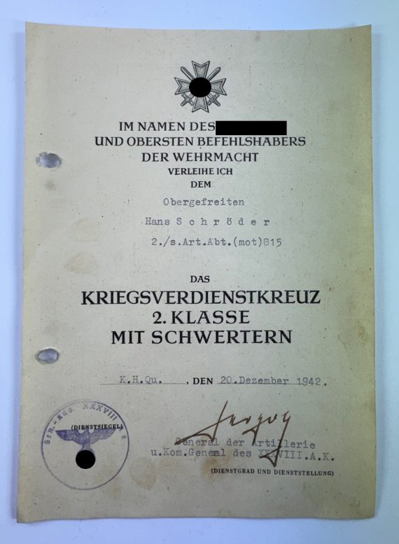 Urkunde Kriegsverdienstkreuz 2. Klasse mit Schwertern, schwere Artillerie Abteilung (mot) 815 (1)