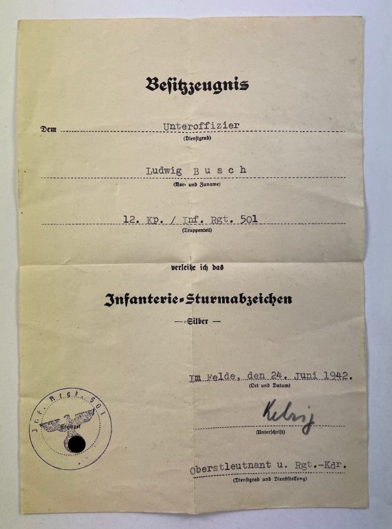 besitzzeugnis_infanteriesturmabzeichen_silber_infanterie_regiment_501_1