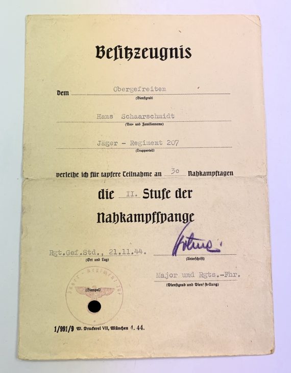 besitzzeugnis_nahkampfspange_in_silber_2