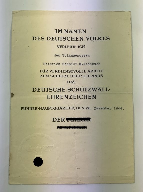 Urkunde Deutsches Schutzwall Ehrenzeichen