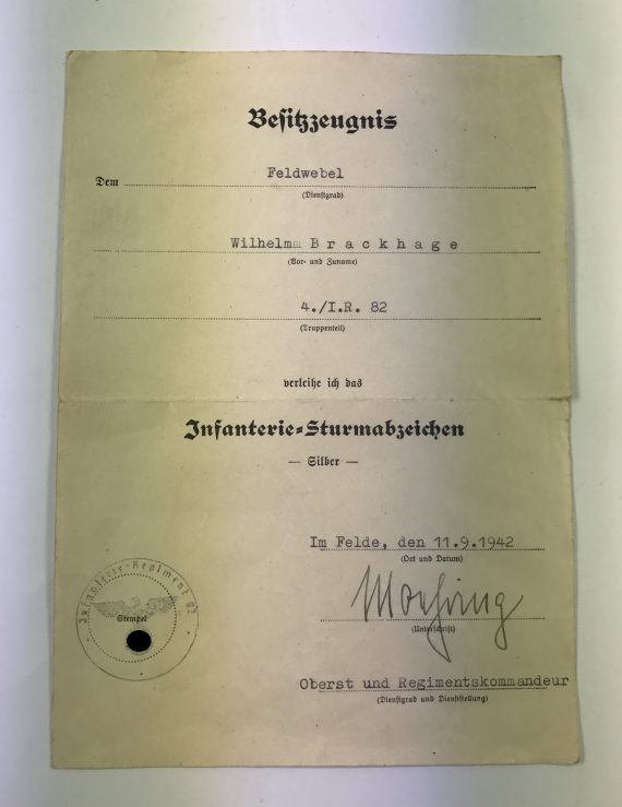 Besitzzeugnis (Urkunde) Infanterie-Sturmabzeichen in Silber