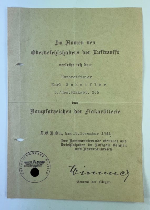urkunde_kampfabzeichen_der_flakartillerie_1